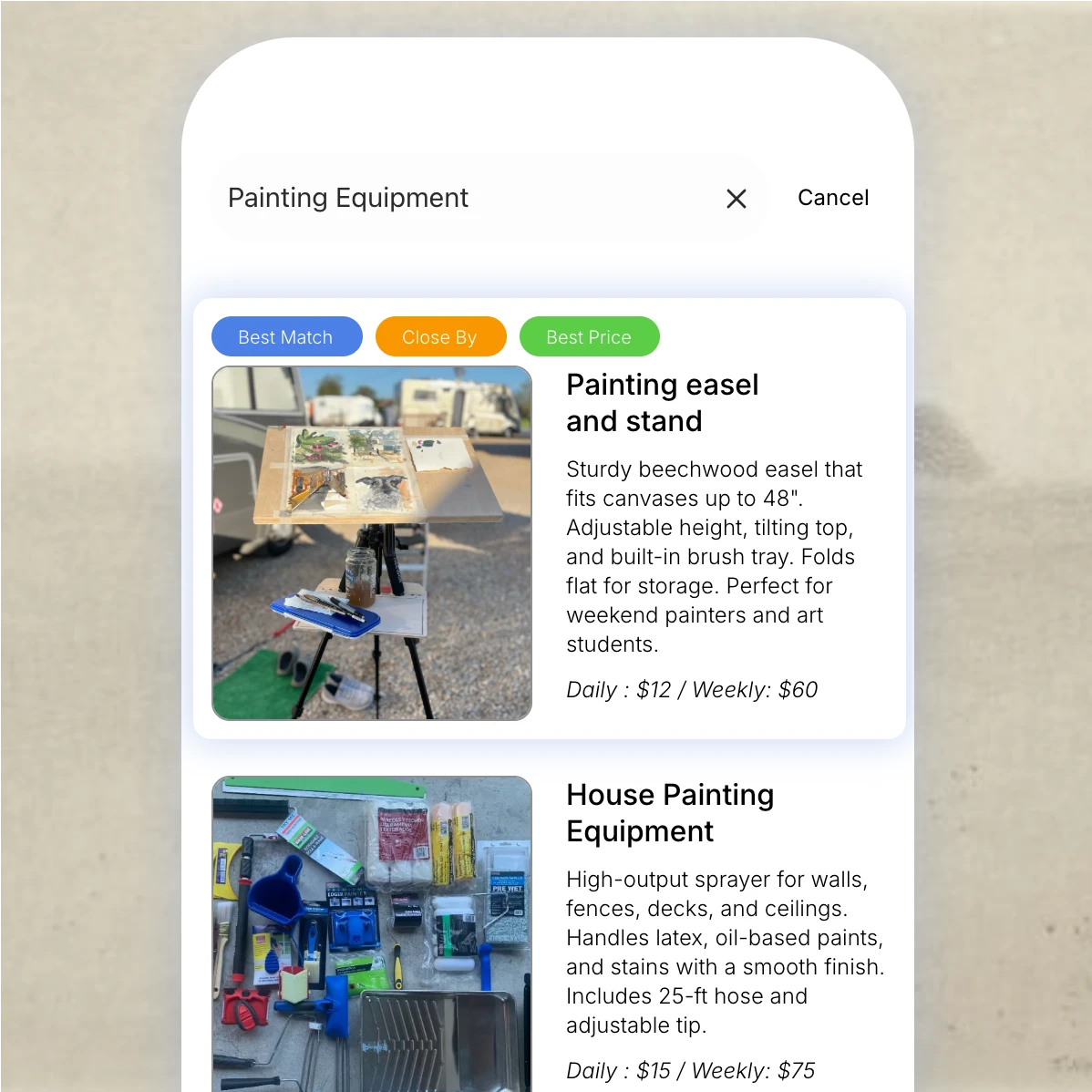 Rented browse results for painting equipment with a Best Match section and Close By and Best Price filters above the catalog