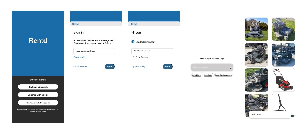 Rented early mockups showing sign-in, onboarding, category prompt, and browse screens
