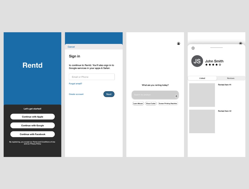 Rented early mockups with Google SSO, category prompt, and tabbed profile taking shape