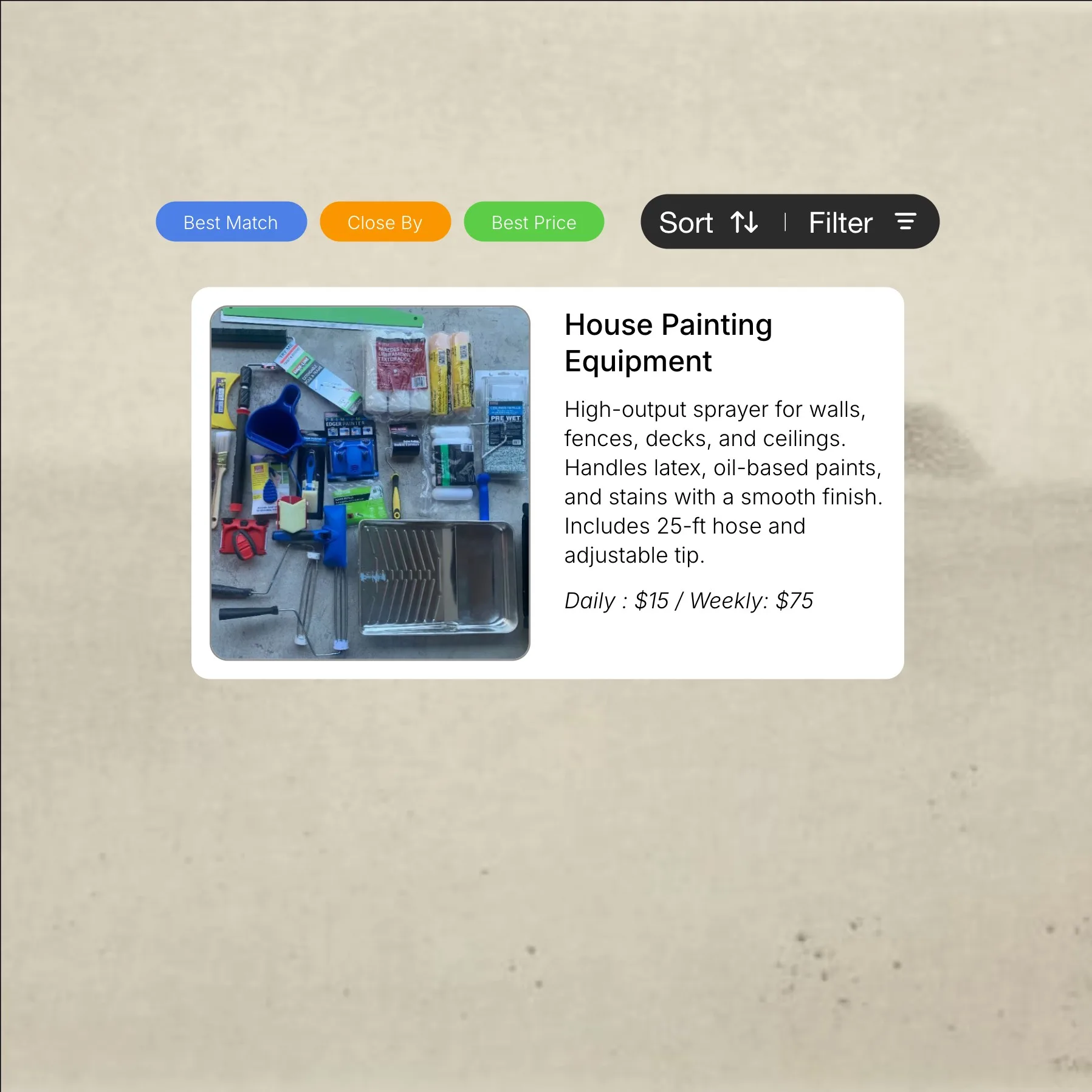 Rented browse filters for Best Match, Close By, and Best Price above a House Painting Equipment listing card with daily and weekly pricing