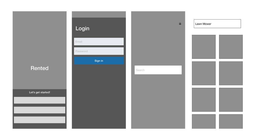Rented wireframe screens showing onboarding, login, search, and browse layouts
