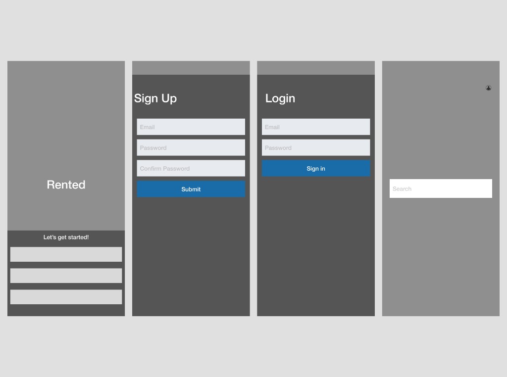 Rented wireframe screens showing conventional auth flow, basic search, and simple profile layout