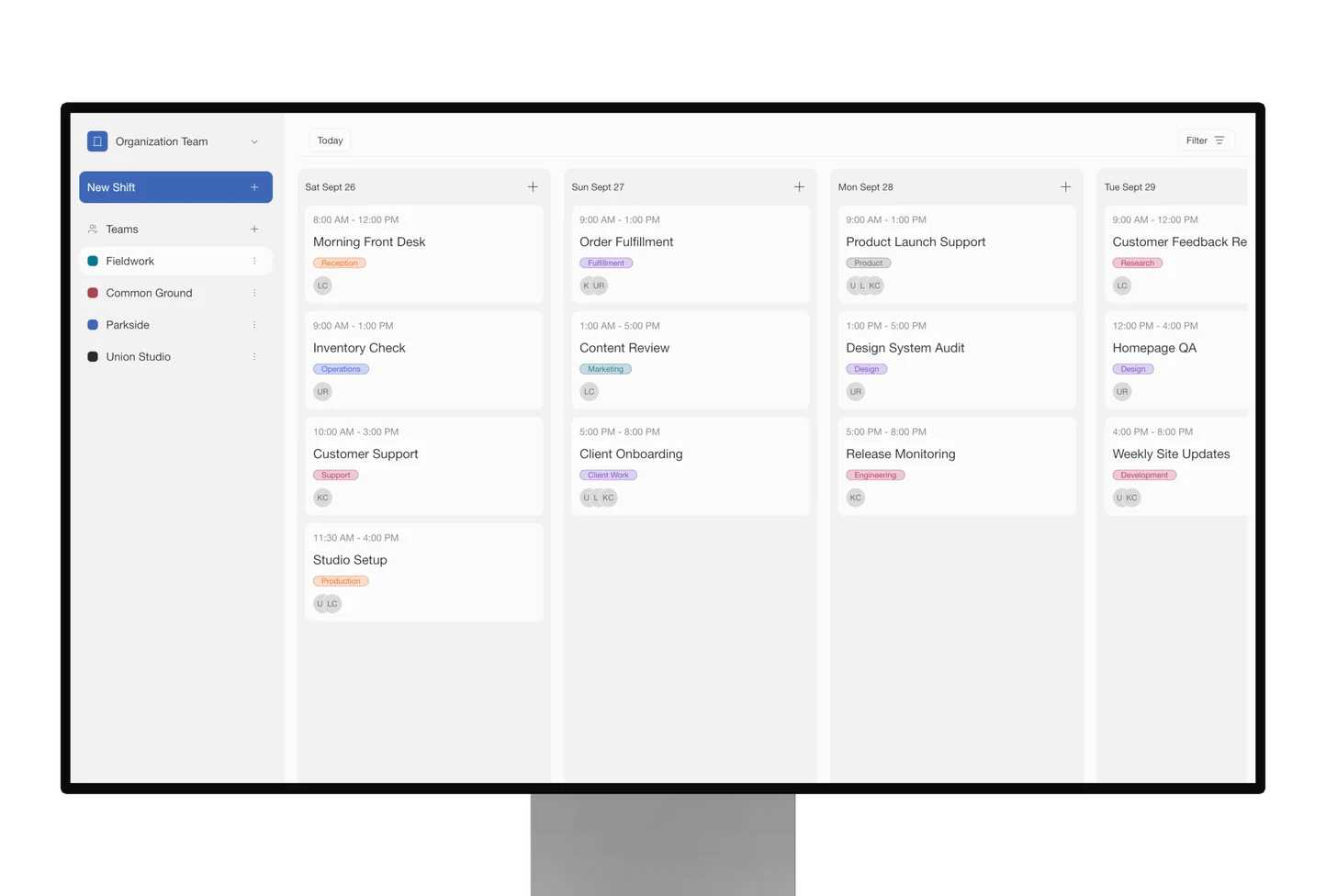 Shifts calendar showing team shifts across four days on a desktop monitor