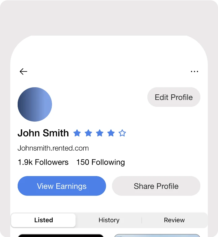 Close-up of the Rented user profile account screen