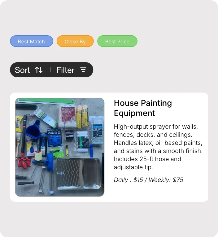 Close-up of Rented listing cards with tags, sort, and filter controls